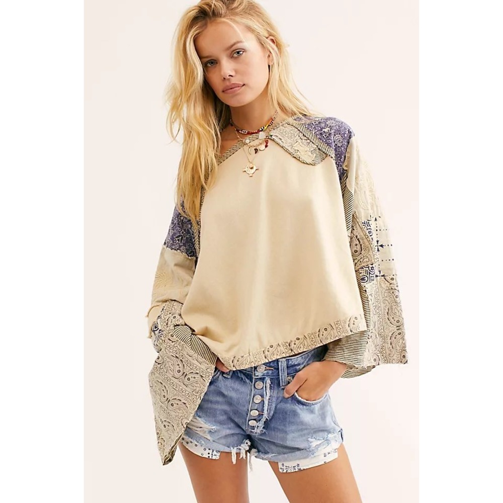 Free People In Pieces Patchwork Top Womens XS Tan Blue Embroidered Bell Sleeve